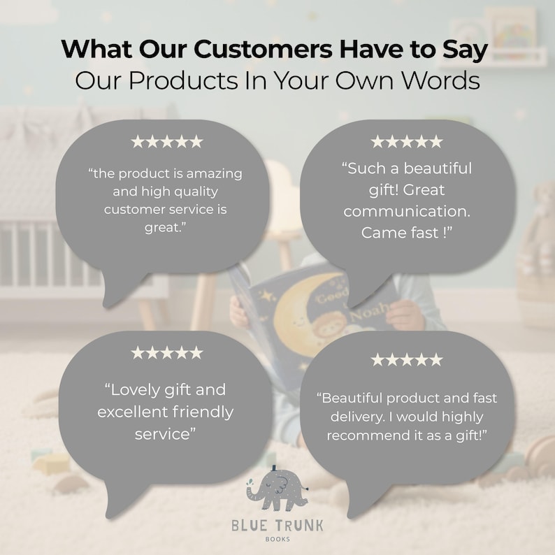 Peut inclure: Un graphique d'avis clients avec le texte What Our Customers Have to Say et Our Products In Your Own Words. Quatre bulles de dialogue grises contiennent des &eacute;valuations cinq &eacute;toiles et des t&eacute;moignages sur la qualit&eacute; et le service.