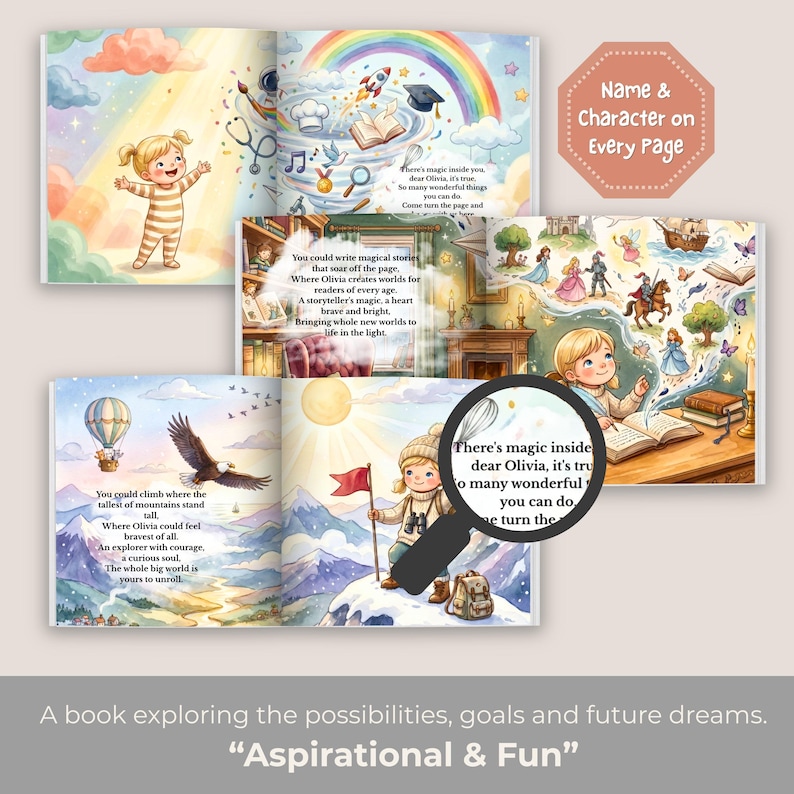 Peut inclure: Un livre pour enfants avec des illustrations color&eacute;es d'un jeune personnage nomm&eacute; Olivia. Les pages montrent des sc&egrave;nes avec un arc-en-ciel, des montagnes et des &eacute;l&eacute;ments fantastiques. Le texte inclut, There's magic inside you, dear Olivia, it's true.