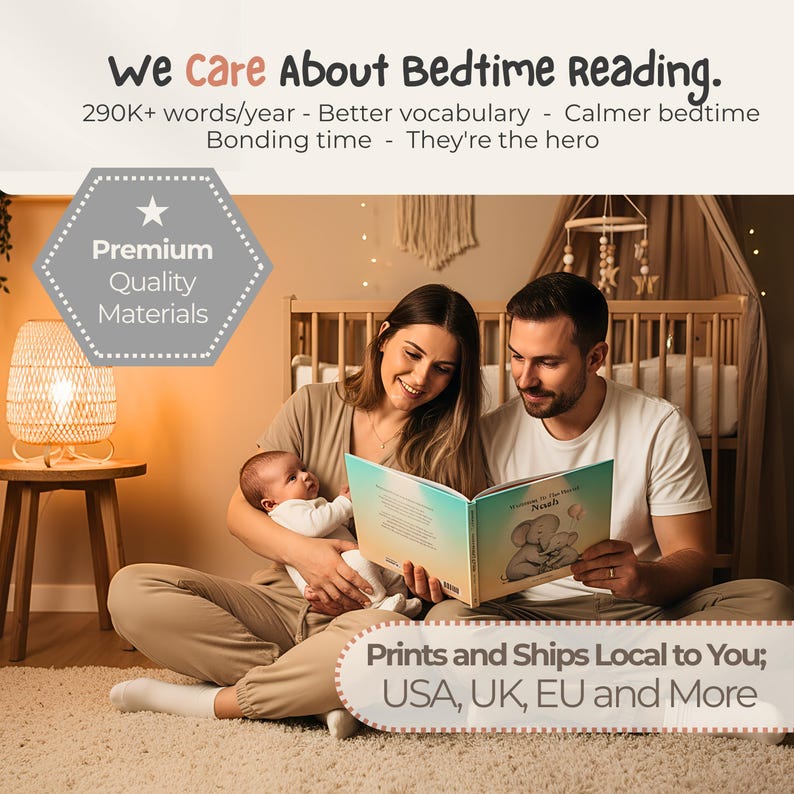 K&ouml;nnte beinhalten: Ein Kinderbuch mit dem Titel Welcome To The World Noah und einer Illustration von zwei Elefanten. Der Text lautet We Care About Bedtime Reading, 290K+ words/year, Better vocabulary, Calmer bedtime, Bonding time, They're the hero und Premium Quality Materials.