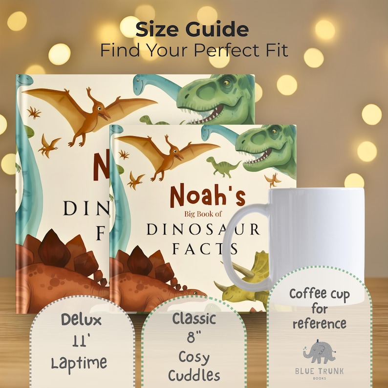 Puede incluir: Dos libros titulados Noah's Big Book of Dinosaur Facts con ilustraciones de un T-Rex verde, un pterod&aacute;ctilo marr&oacute;n y un estegosaurio marr&oacute;n. Las etiquetas indican tama&ntilde;os de 28 cm y 20 cm, junto a una taza blanca para referencia.
