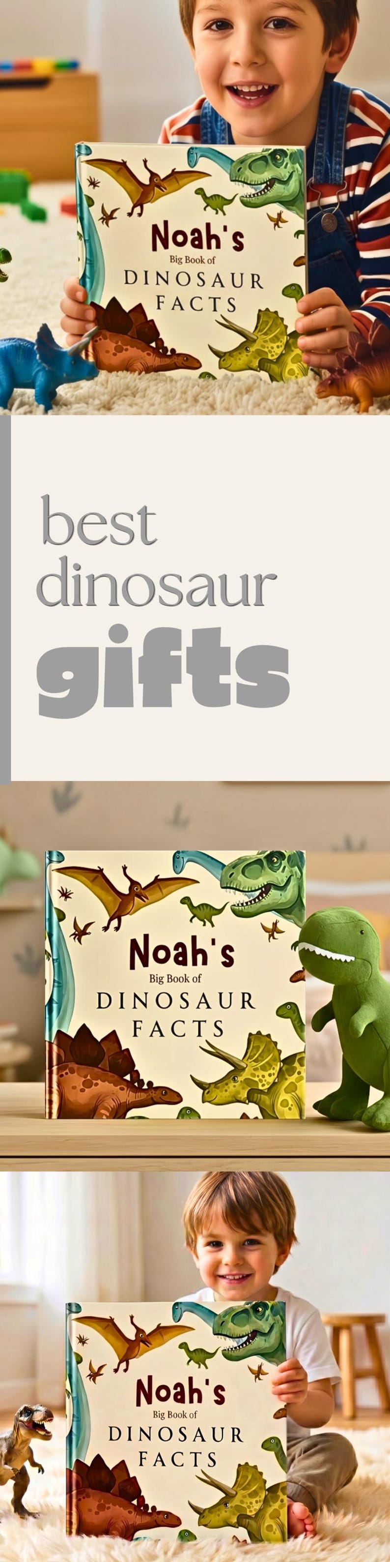 Puede incluir: Un libro de tapa dura titulado Noah's Big Book of DINOSAUR FACTS con ilustraciones coloridas de varios dinosaurios, incluyendo un pterod&aacute;ctilo, un T-Rex y un triceratops sobre un fondo crema con texto marr&oacute;n.