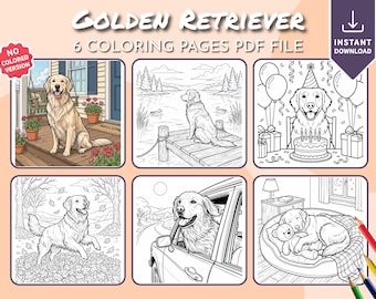 Mysig målarbok med golden retriever, utskrivbara målarbilder, digital målarbok för vuxna och barn, hygge och stresslindring