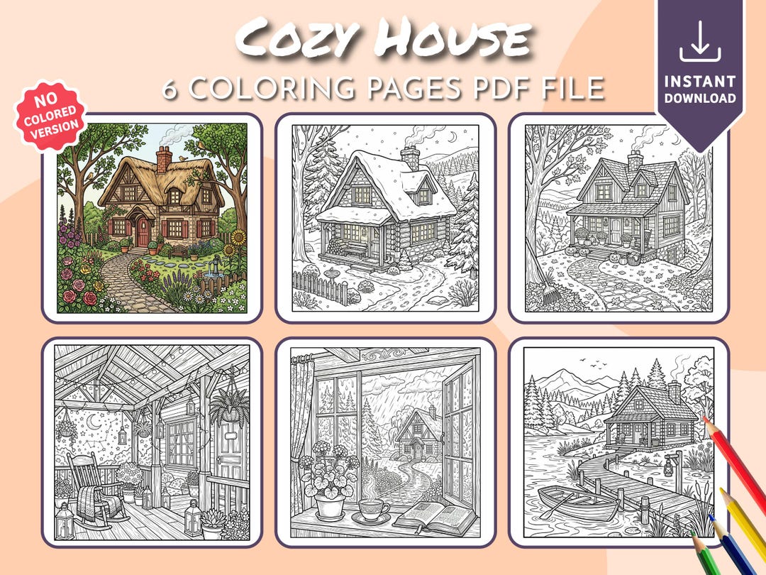 Cozy House Coloring Book, Printable Coloring Pages, Digital Coloring ...