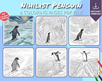 Cozy Nihilist Penguin Coloring Book, Printable Coloring Pages, Digital Coloring Book For Adults & Kids, Hygge Stress Relief