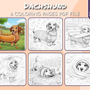 Livro de colorir aconchegante com dachshunds, páginas para colorir imprimíveis, livro de colorir digital para adultos e crianças, alívio do estresse Hygge