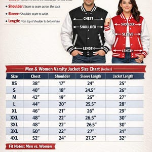Puede incluir: Tabla de tallas de chaquetas universitarias para hombres y mujeres. Incluye medidas de pecho, hombros, mangas y largo en pulgadas. Presenta una chaqueta negra y blanca y una chaqueta roja y blanca. Tallas de XS a 4XL.