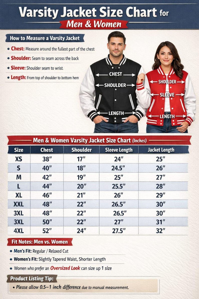 Puede incluir: Tabla de tallas de chaquetas universitarias para hombres y mujeres. Incluye medidas de pecho, hombros, mangas y largo en pulgadas. Presenta una chaqueta negra y blanca y una chaqueta roja y blanca. Tallas de XS a 4XL.