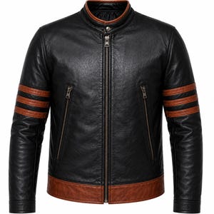 May include: A black leather jacket featuring a stand-up collar with brown trim, a full-length front zipper, and two vertical zippered pockets. The sleeves are accented with three horizontal brown stripes, and the hem is finished with a brown band.