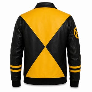 May include: A black and yellow leather jacket featuring a large X-shaped pattern across the back, a solid black collar, and black ribbed cuffs with two horizontal yellow stripes. A circular yellow and black X-Men logo is on the left sleeve.