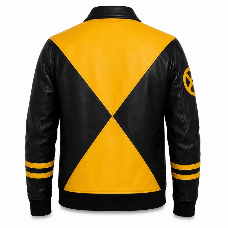 May include: A black and yellow leather jacket featuring a large X-shaped pattern across the back, a solid black collar, and black ribbed cuffs with two horizontal yellow stripes. A circular yellow and black X-Men logo is on the left sleeve.