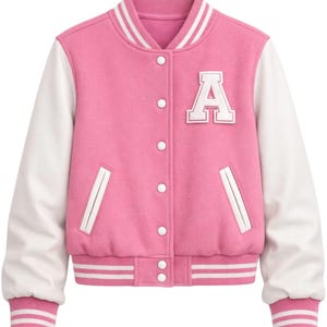 May include: Pink and white varsity jacket with the letter "A" on the chest. The jacket features white sleeves, a pink body, and white and pink striped cuffs and collar. The jacket has a button-up front.
