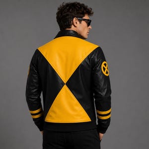 May include: A black and yellow leather jacket featuring a large X-shaped pattern on the back, a fold-down collar, and a circular yellow logo with a black X on the upper sleeve. The sleeves have two horizontal yellow stripes near the cuffs.