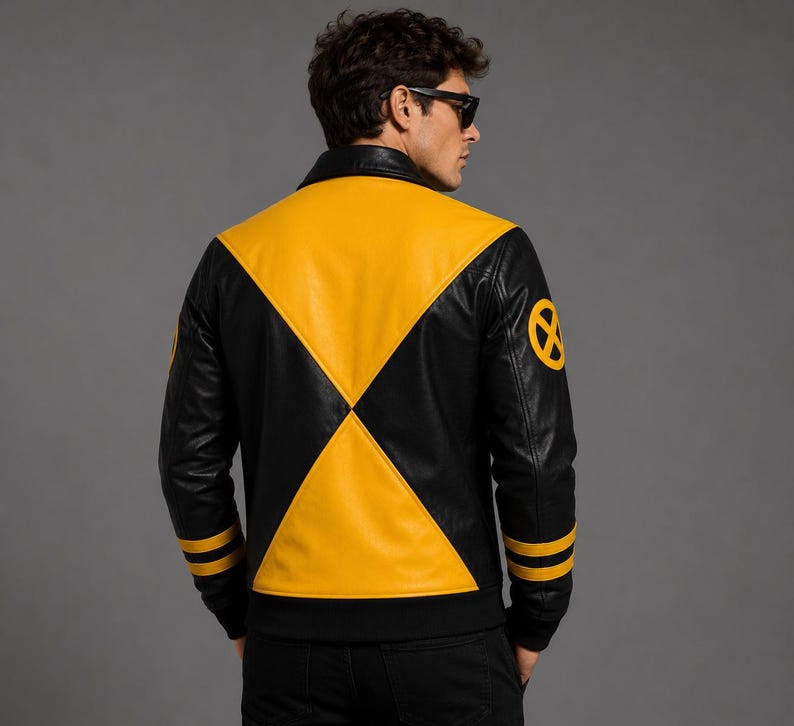 May include: A black and yellow leather jacket featuring a large X-shaped pattern on the back, a fold-down collar, and a circular yellow logo with a black X on the upper sleeve. The sleeves have two horizontal yellow stripes near the cuffs.
