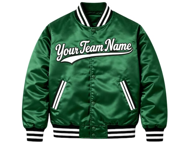 Green Satin Varsity Jacket | Custom Team Name Letterman Baseball Jacket | Unisex