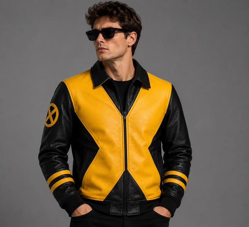 May include: A black and yellow leather jacket featuring a prominent yellow X-shaped design across the chest, a black collar, and a circular yellow X logo on the right sleeve. The sleeves have two yellow horizontal stripes near the black ribbed cuffs.