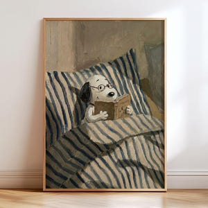 Snoopy Reading in Bed Wall Art, Cozy Bedroom Digital Download, Book Lover Printable Art