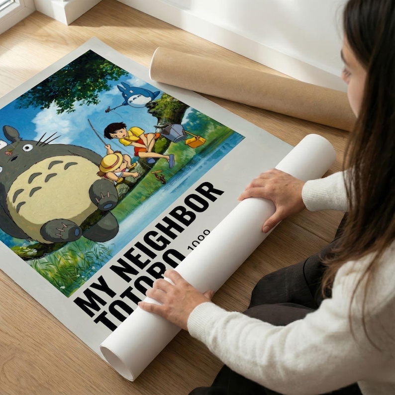 Totoro Poster, My Neighbor Totoro Anime Wall Art, Studio Ghibli Retro Movie Print, Cute Japanese Animation Decor for Living Room Bedroom