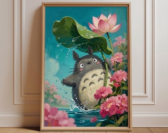 Totoro Wall Art Print Poster, Lotus Pond Anime Decor, Whimsical Forest Creature Artwork, Botanical Fantasy, Cute Nursery Gift, Room Accent