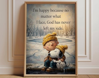 Snoopy Wall Decor, Christian Quote Artwork, Charlie Brown Winter Scene, Inspirational Faith Sign, Peanuts Gang Kids Room Decoration