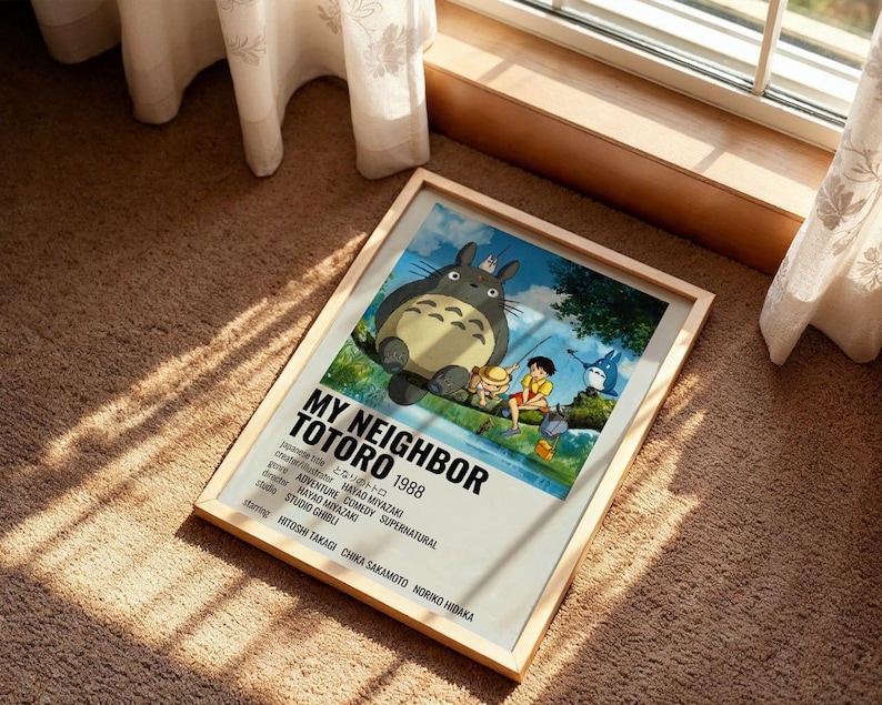 Totoro Poster, My Neighbor Totoro Anime Wall Art, Studio Ghibli Retro Movie Print, Cute Japanese Animation Decor for Living Room Bedroom