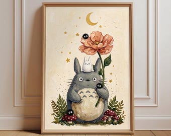 Totoro Wall Art Print Poster, Cute Forest Character Art, Flower Moon Bedroom Decor, Kids Room Nursery Gift, Whimsical Mushroom Artwork
