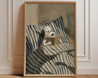 Snoopy Reading in Bed Poster, Cozy Bedroom Wall Art, Reading Nook Decor, Nursery Print, Vertical Matte Giclée Poster, Book Lover Gift