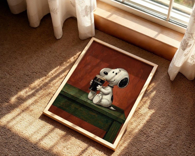 Funny Snoopy Beer Wall Art, Pub Style Guinness Poster, Quirky Bar Decor Gift for Lovers, Home Bar Wall Decor, Cute Cartoon Beer Print