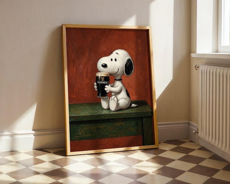 Funny Snoopy Beer Wall Art, Pub Style Guinness Poster, Quirky Bar Decor Gift for Lovers, Home Bar Wall Decor, Cute Cartoon Beer Print