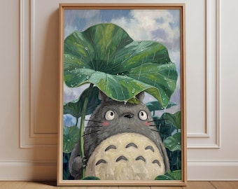 Totoro Wall Art Print, Rainy Leaf Umbrella Poster, Whimsical Anime Forest Decor, Cute Nursery Bedroom Scene, Cozy Fan Gift Idea