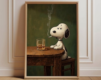 Snoopy Drinking Coffee Wall Art, Cozy Morning Matte Poster, Giclee Print for Bedroom Decor, Gift for Coffee Lovers, Vertical Art