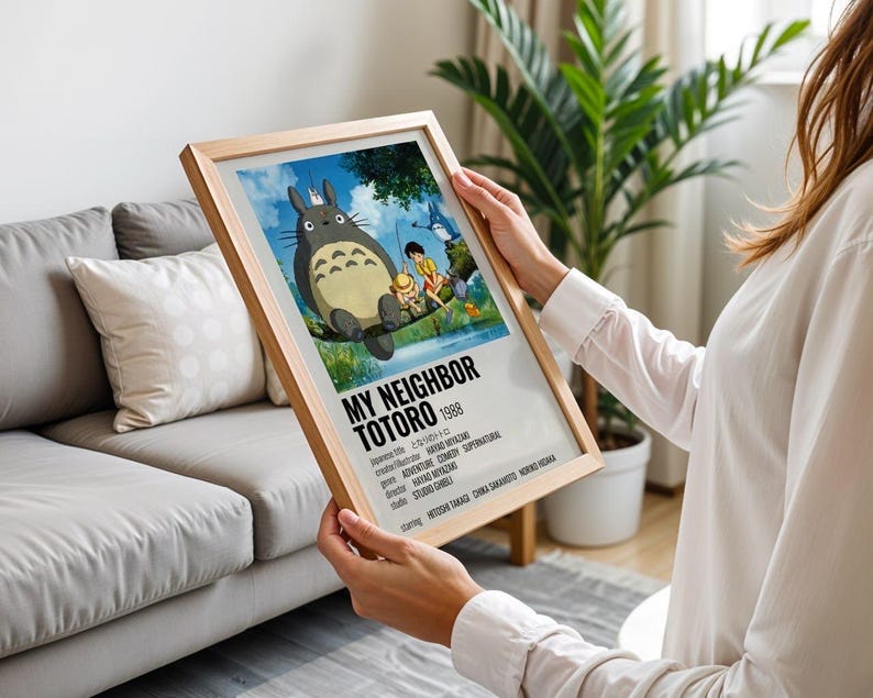 Totoro Poster, My Neighbor Totoro Anime Wall Art, Studio Ghibli Retro Movie Print, Cute Japanese Animation Decor for Living Room Bedroom