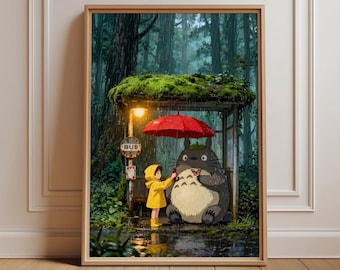Totoro Poster, Rainy Forest Wall Art, Red Umbrella Bus Stop Scene, Cozy Anime Decor for Nursery Bedroom Reading Nook Gift