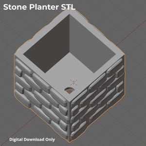 Peut inclure: Un pot de fleur en pierre rendu en 3D, de forme carrée et avec un aspect de pierres empilées texturées. Le pot a un intérieur creux et un trou de drainage. Le texte "Stone Planter STL" et "Digital Download Only" sont visibles.