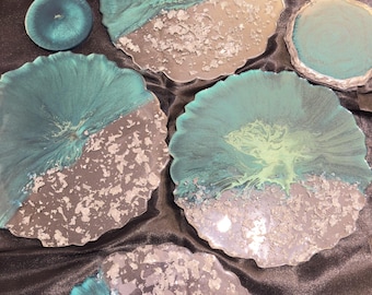 Luksusowe zestawy obiadowe w kolorze butelkowej zieleni i srebra, ręcznie robione zestawy obiadowe z żywicy – 12 elementów