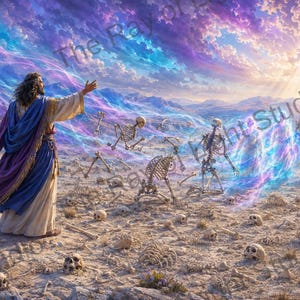 May include: A digital illustration depicting a figure in a blue and purple robe standing before a field of scattered human skeletons and skulls. Swirling blue and purple energy emanates from the figure toward the bones under a vibrant sky.