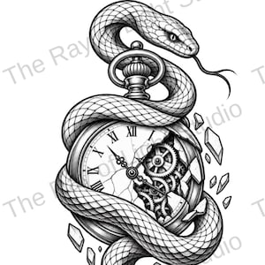 Puede incluir: Una ilustración en blanco y negro de una serpiente enroscada alrededor de un reloj de bolsillo roto. La esfera del reloj muestra números romanos y engranajes internos expuestos. Varios fragmentos de cristal flotan alrededor.