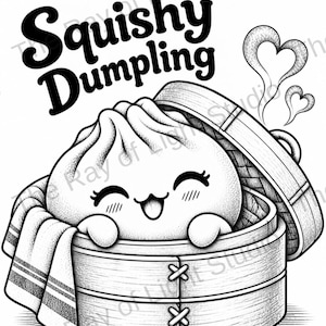 Puede incluir: Una ilustración de arte lineal en blanco y negro de un personaje de bola de masa sonriente dentro de una vaporera de bambú. El texto Squishy Dumpling aparece arriba, con dos nubes de vapor en forma de corazón saliendo de la tapa abierta.