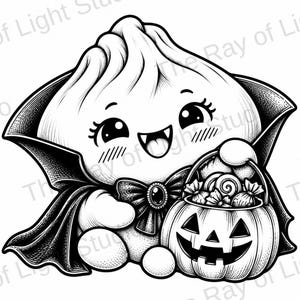 May include: A black and white line art illustration of a smiling dumpling character dressed as a vampire in a cape with a bow tie, holding a jack-o'-lantern bucket filled with wrapped candies. The character has large eyes and visible fangs.