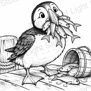 May include: A black and white line art illustration of a puffin standing on a wooden dock. The bird holds a cluster of small fish in its beak. Beside the puffin is a wooden bucket tipped over with several fish spilling out onto the planks.