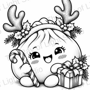 May include: A black and white line art illustration of a smiling dumpling character wearing reindeer antlers and a holly headband. The character holds a striped candy cane in one hand and sits next to a small gift box decorated with a bow.