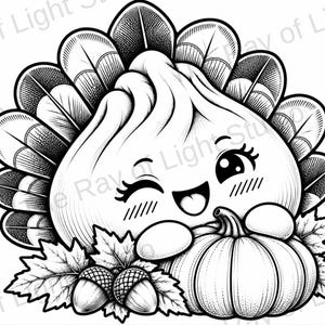 May include: A black and white line art illustration featuring a smiling, winking dumpling character with a turkey feather fan behind it. The character holds a small pumpkin, accompanied by two acorns and maple leaves at the bottom of the design.