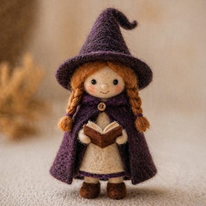 Puede incluir: Muñeca artesanal vestida de bruja, con sombrero y capa morados. La muñeca tiene cabello rojo trenzado y sostiene un pequeño libro marrón. El vestido es crema y los zapatos son marrones.