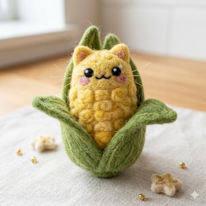 Korn Katze Nadel gefilzt Plüsch, Maiskätzchen Handgemachte Wolle Spielzeug, Cottagecore Schreibtisch Dekor Figur