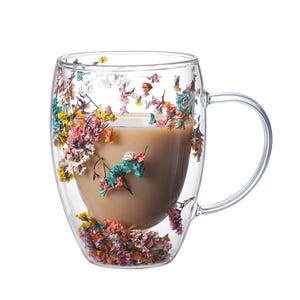 Handmade Double Wall Dried Flower Glass Mug | Botanical Tea Coffee Cup