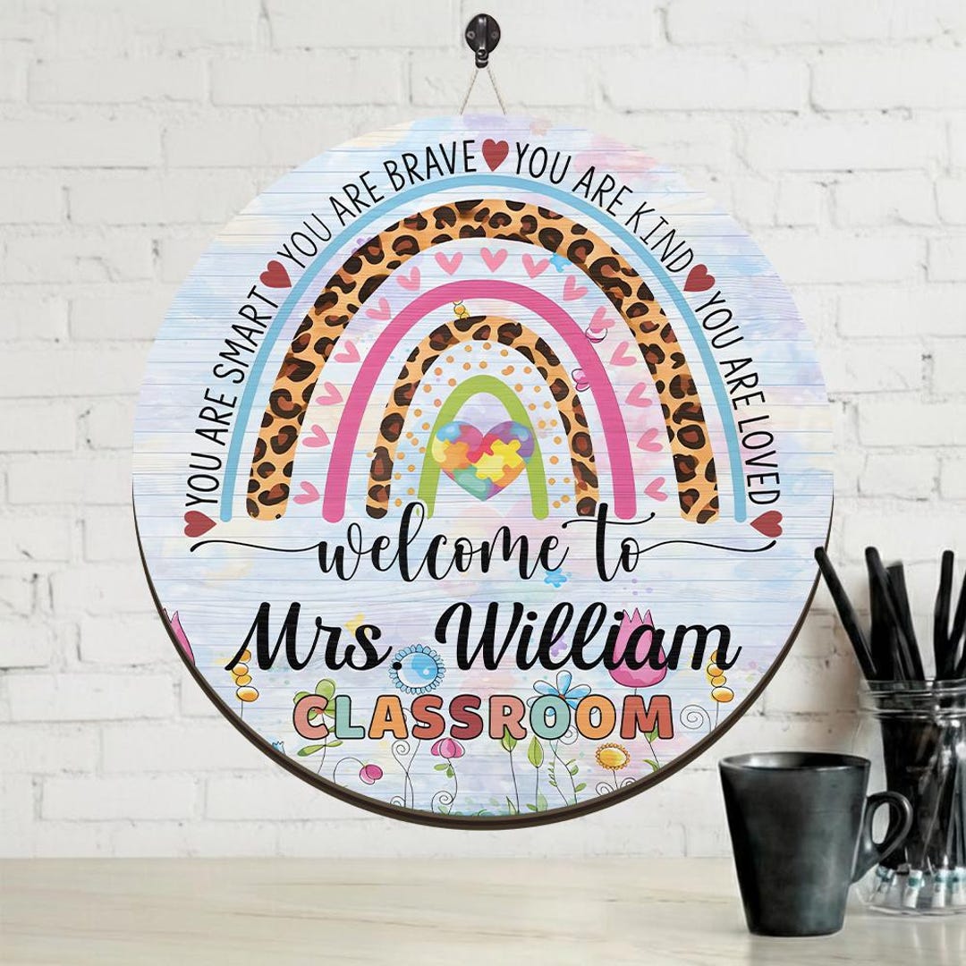 Personalized Teacher Classroom Wooden Sign - Rainbow Welcome Door Decor ...