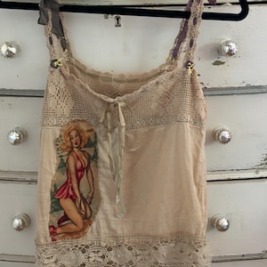 Vintage Linen Cotton Camisole Top with Hand Made Lace Pin Up Applique Antique Ribbon Trim