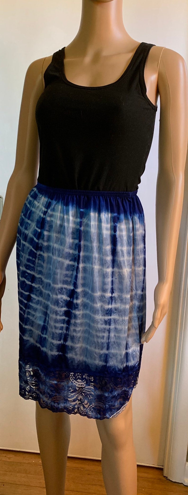 Vintage Repurposed Vanity Fair Slip Skirt Tie Dyed Blue with Side Slit