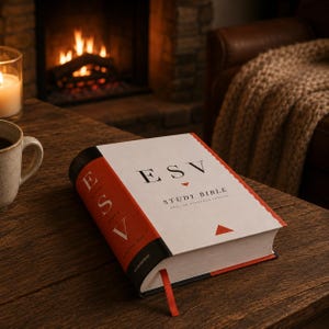 Puede incluir: Una gruesa Biblia de estudio ESV con cubierta blanca, texto negro y detalles en rojo. El lomo es rojo y negro con letras blancas. Un marcapáginas de cinta roja cuelga del borde inferior del libro, que descansa sobre una superficie de madera.