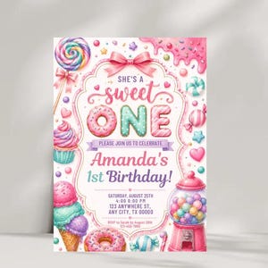She's a Sweet One Birthday Invitation Template | Sweet One Invite | Candy Birthday Party | Pastel Watercolor First Birthday 
Sweet One Birthday Invitation Girl First Birthday Dessert Theme Invite Candy Donut Ice Cream Sweets Party Editable 1st Birthday Canva 
Editable Sweet One Birthday Invitation, Sweet One Invitation, 1st Birthday Invite, Dessert Invite, Candy Sweets Donut, Canva Template, Evite