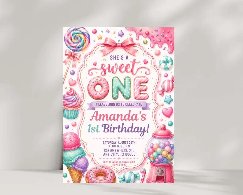 She's a Sweet One Birthday Invitation Template | Sweet One Invite | Candy Birthday Party | Pastel Watercolor First Birthday 
Sweet One Birthday Invitation Girl First Birthday Dessert Theme Invite Candy Donut Ice Cream Sweets Party Editable 1st Birthday Canva 
Editable Sweet One Birthday Invitation, Sweet One Invitation, 1st Birthday Invite, Dessert Invite, Candy Sweets Donut, Canva Template, Evite